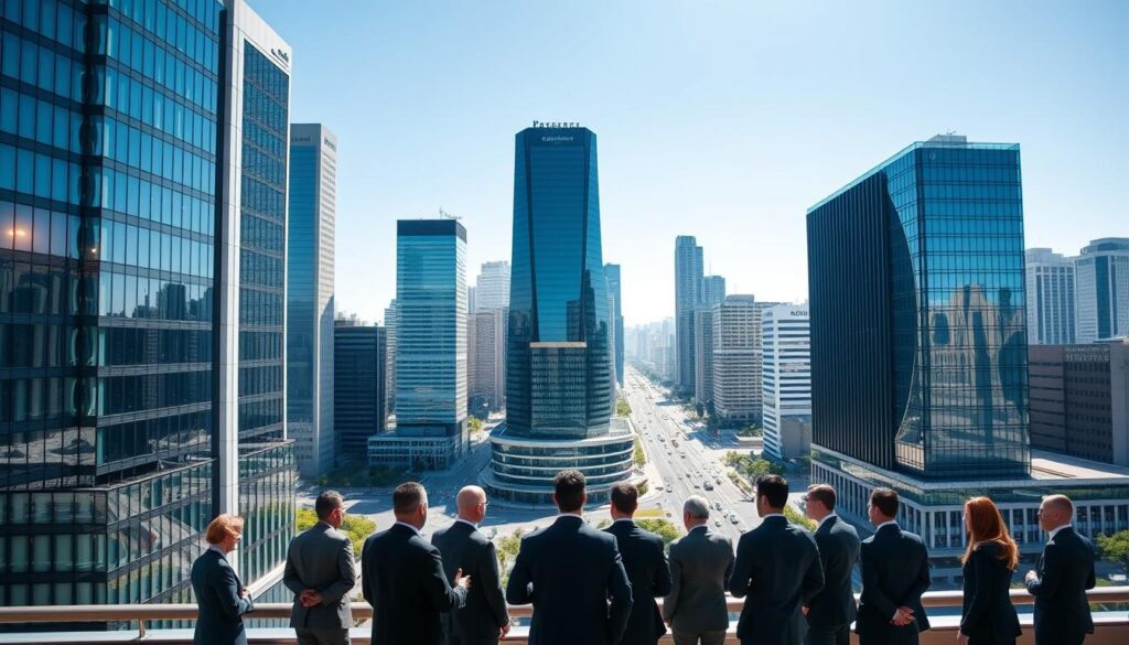 Fundamentos do Sistema Financeiro Nacional A panoramic view of a modern financial district, with sleek high-rise buildings casting long shadows across the bustling streets below. In the foreground, a group of suited professionals engage in animated discussions, their gestures conveying the intricate workings of the national financial system. In the middle ground, a towering glass-and-steel headquarters stands as a symbol of the industry's strength and stability. The background is framed by a clear blue sky, suggesting the sense of unity and purpose that drives the sector forward. The lighting is crisp and natural, highlighting the clean lines and polished surfaces that define the architecture and the people who inhabit this dynamic financial landscape.