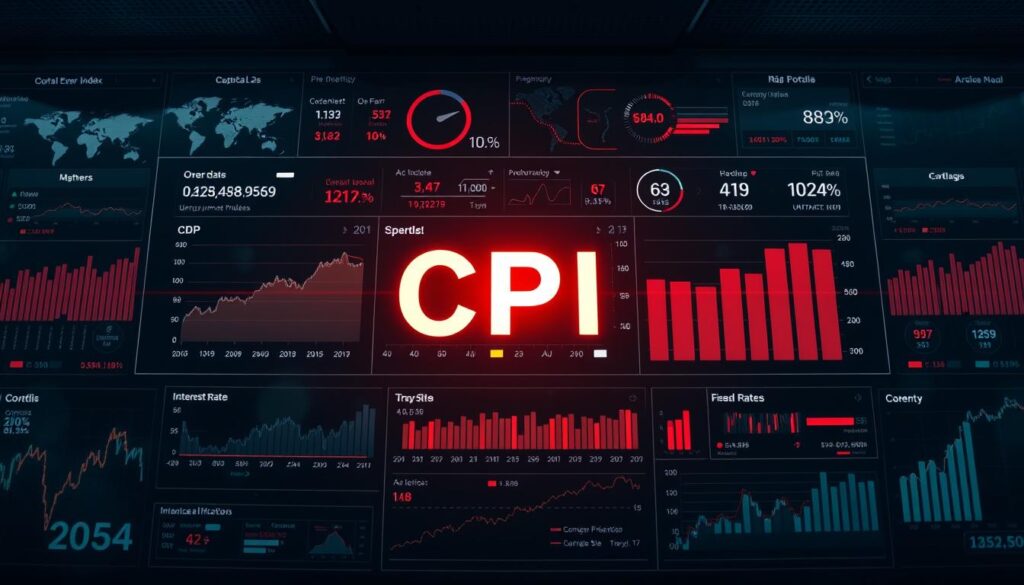 High-contrast aerial view of a CPI Americano dashboard featuring prominent indicators like the Consumer Price Index, GDP growth, unemployment rate, and interest rates. Set against a backdrop of global financial charts, stock tickers, and economic data visualizations. Bright and austere lighting, emphasizing the serious nature of the subject matter. A sense of gravity and weight, conveying the significant impact of American inflation on the global economy.