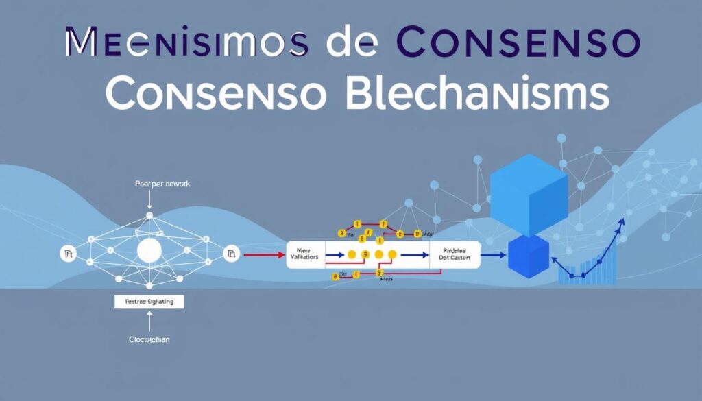 Mecanismos de Consenso Blockchain A holistic illustration of blockchain consensus mechanisms. In the foreground, a technical diagram depicting the core components of a distributed consensus protocol - peer-to-peer network, proof-of-work mining, and blockchain data structure. In the middle ground, a visualization of the consensus algorithm in action, with nodes cooperatively validating transactions and mining new blocks. In the background, an abstract representation of the blockchain ecosystem - nodes, miners, and validators - working together to maintain the integrity of the decentralized network. Rendered in a clean, modern style with a color palette of blues and grays, conveying the technical complexity and robustness of blockchain consensus.