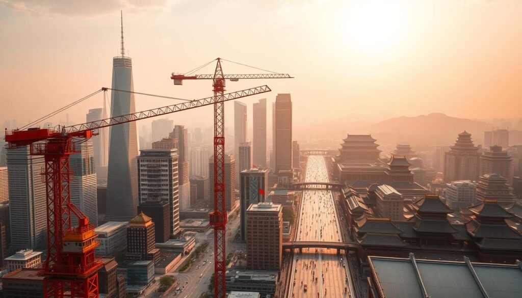 Prompt A sweeping vista of a rapidly modernizing Chinese cityscape, with gleaming high-rise towers and bustling streets. In the foreground, a powerful crane hoists steel beams, symbolizing the nation's industrial and economic prowess. The sky is bathed in a warm, golden light, casting a sense of optimism and progress. In the distance, the iconic silhouettes of the Great Wall and ancient Chinese landmarks serve as a reminder of the country's deep-rooted cultural heritage. The composition captures the dynamic tension between China's ancient traditions and its emergent global dominance, a visual representation of the nation's remarkable economic ascent.
