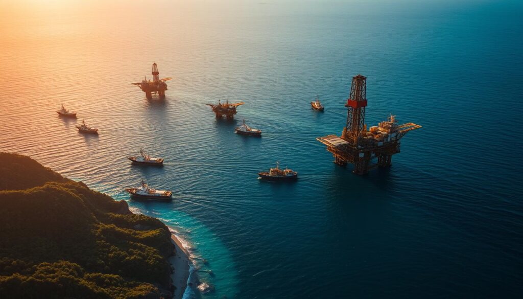 Sweeping aerial view of offshore oil platforms in the crystal-clear, deep blue waters of the Brazilian pre-salt region. Massive steel structures dotting the horizon, their flares burning brightly against a golden sunset sky. Swarms of support vessels and tankers shuttling back and forth, servicing the complex web of drilling operations. Rugged coastline and lush tropical forests framing the scene, hinting at the immense natural wealth hidden beneath the seabed. Convey a sense of scale, power, and technological prowess as Petrobras taps into this strategic hydrocarbon reserve.