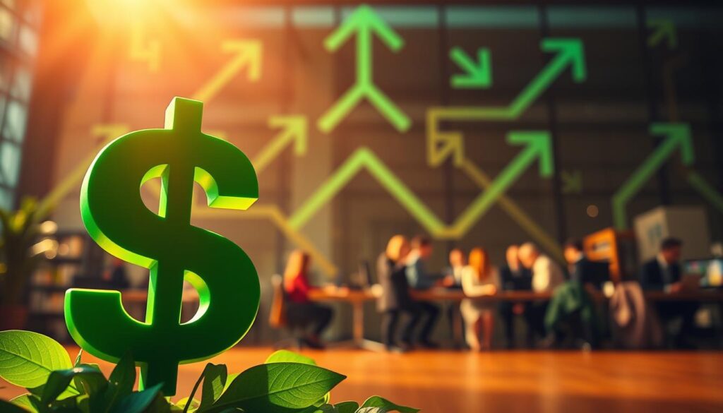 Vibrant, dynamic composition depicting the dual concepts of Passive Income and Active Income. In the foreground, a lush green dollar sign symbolizes passive revenue streams, bathed in soft, warm lighting. In the middle ground, a bustling office scene with hardworking individuals represents active income. The background features a geometric pattern of interconnected arrows, symbolizing the interplay and flow between these two financial models. The scene is rendered with a cinematic quality, using a wide-angle lens to capture the depth and scale of the subject matter. The overall mood is one of balance, potential, and the power of diversified income sources.